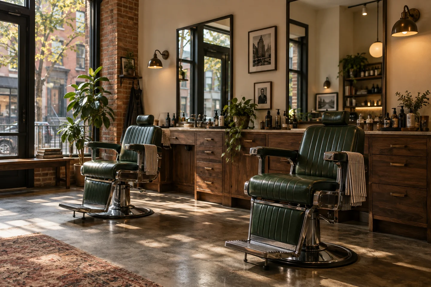 Cinematic view of green leather barber chairs, walnut stations and bronze lighting in a warm neighborhood shop
