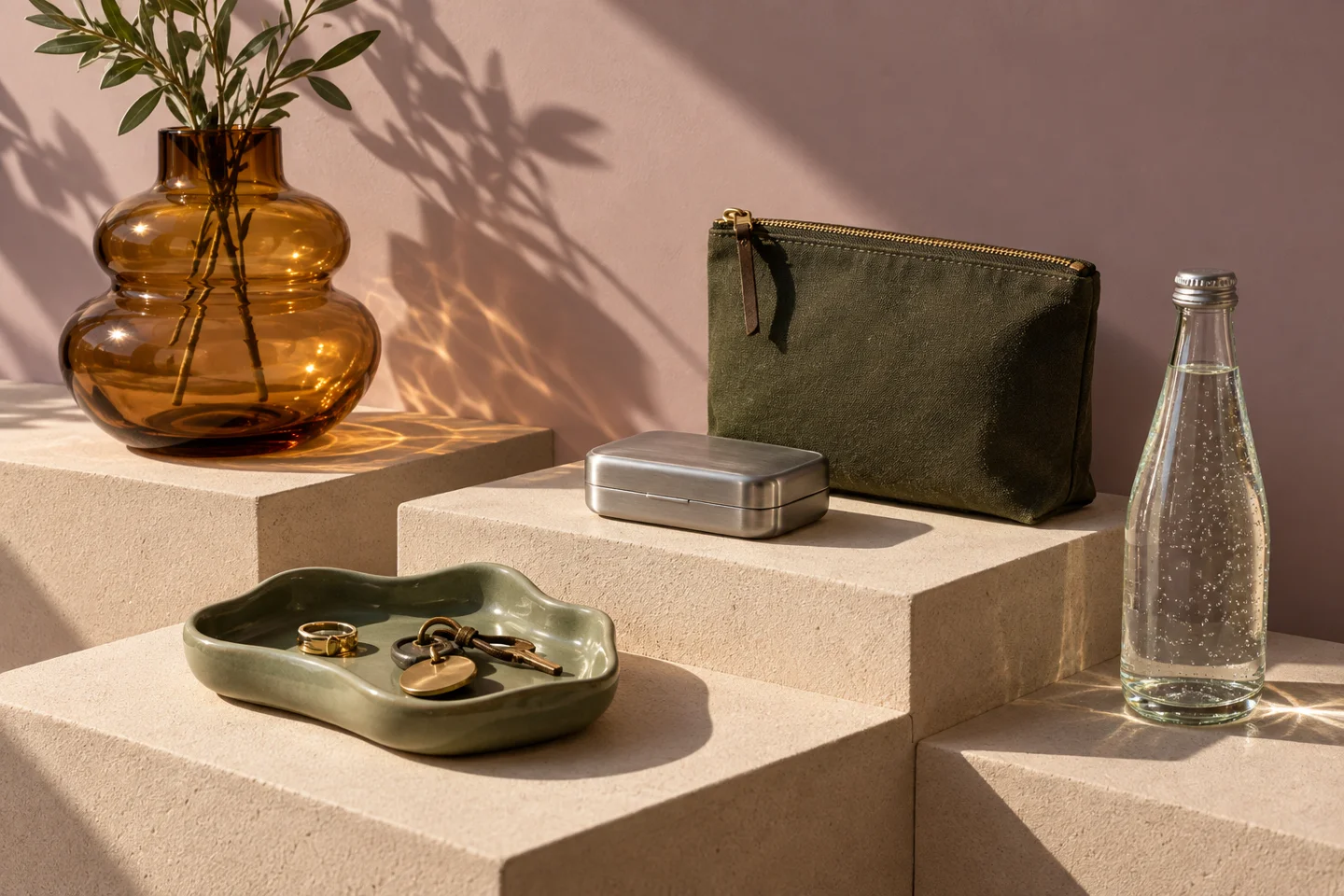 Amber glass vessel, ceramic tray, canvas pouch and sparkling water arranged on sunlit display plinths