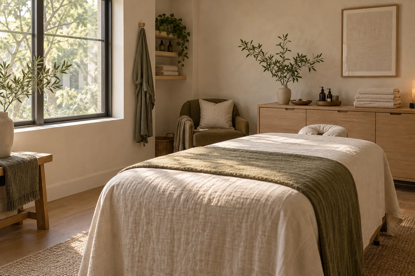 Natural light falling across an ivory linen massage table in a small private studio