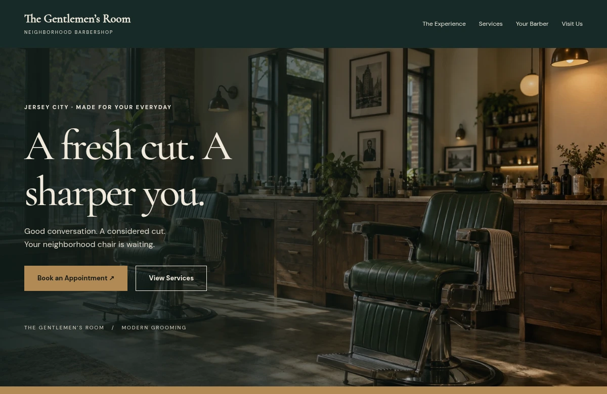 The Gentlemen’s Room website homepage, showing its navigation, typography, and hero design