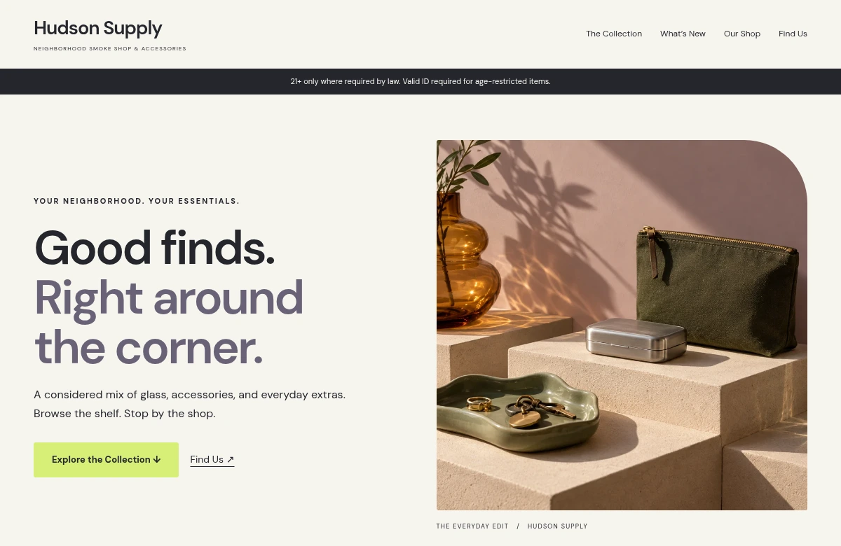 Hudson Supply website homepage, showing its navigation, typography, and hero design