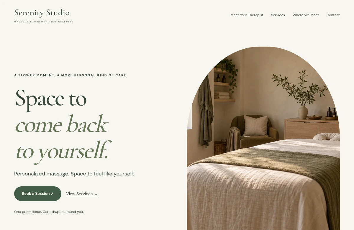 Serenity Studio website homepage, showing its navigation, typography, and hero design